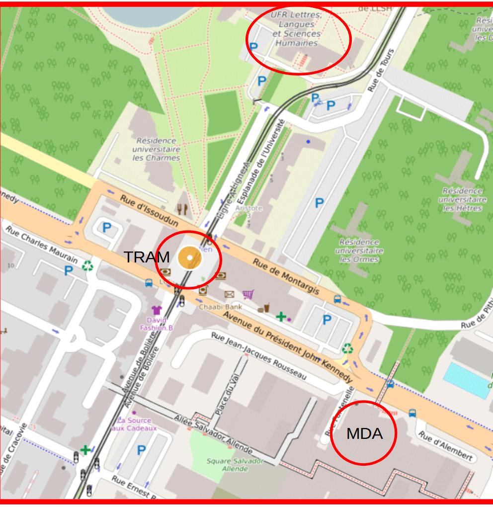 Carte de position de de l'UFR, de la MDA, de l'arrêt Tram