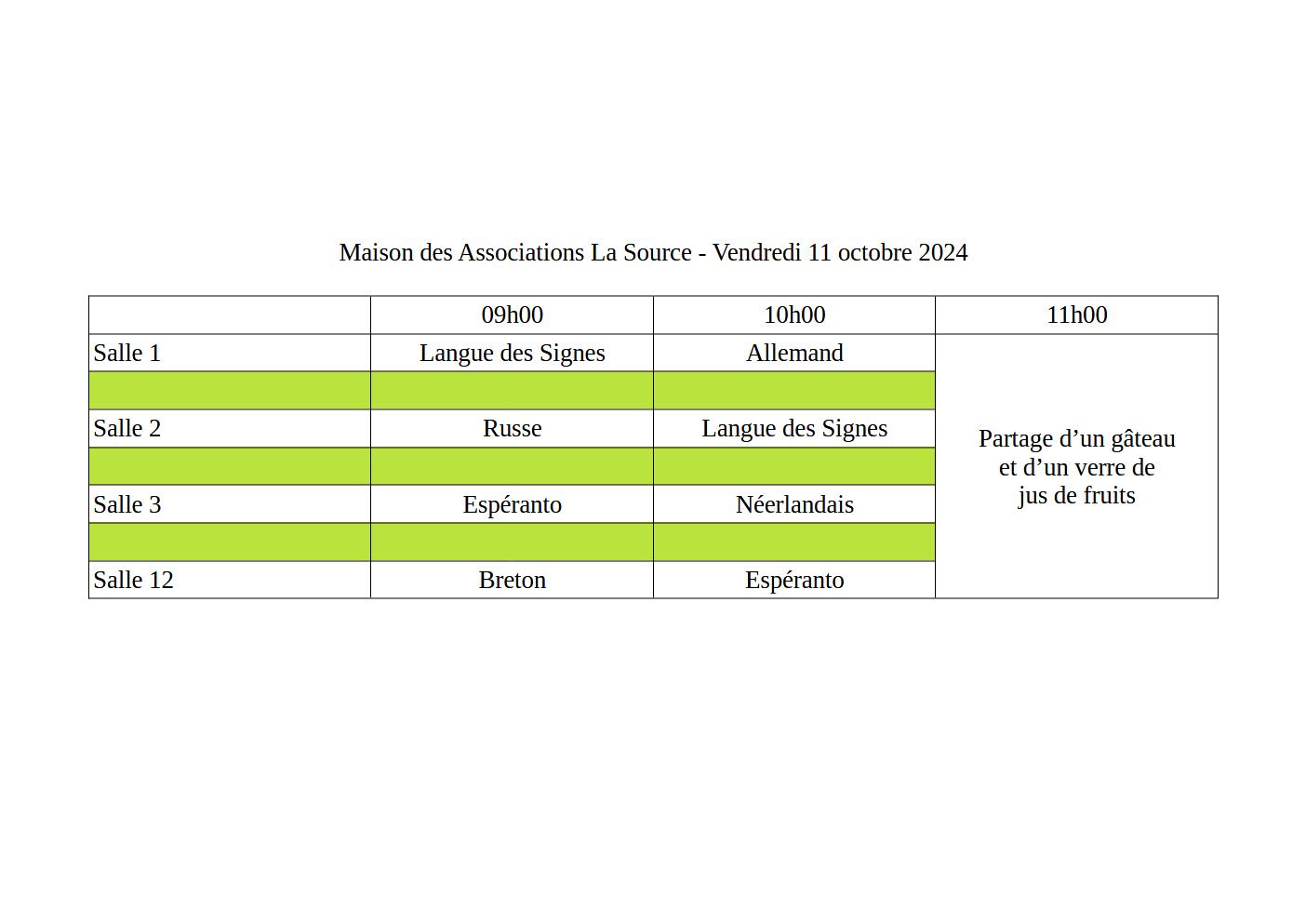 Planning des salle de la MDA du Vendredi pour les scolaires